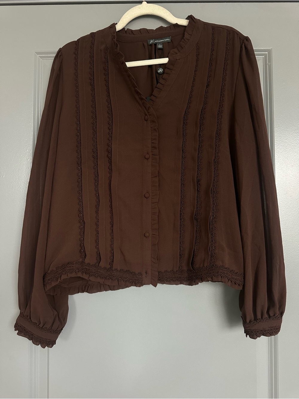 Vintage-Inspired Brown Ruffle Button Front Blouse